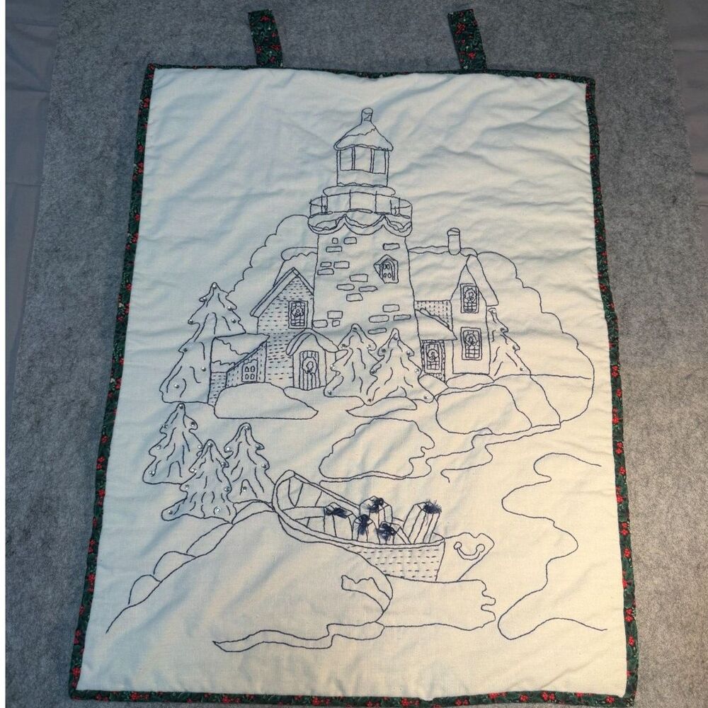 Hand-embroidered wall hanging quilt. "Christmas Light in Blue"